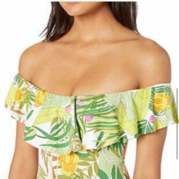 🌴🍍🌸$154 TRINA TURK Green Tropical Print Off Shoulder Ruffle Swimsuit Size 8 - Picture 2 of 11